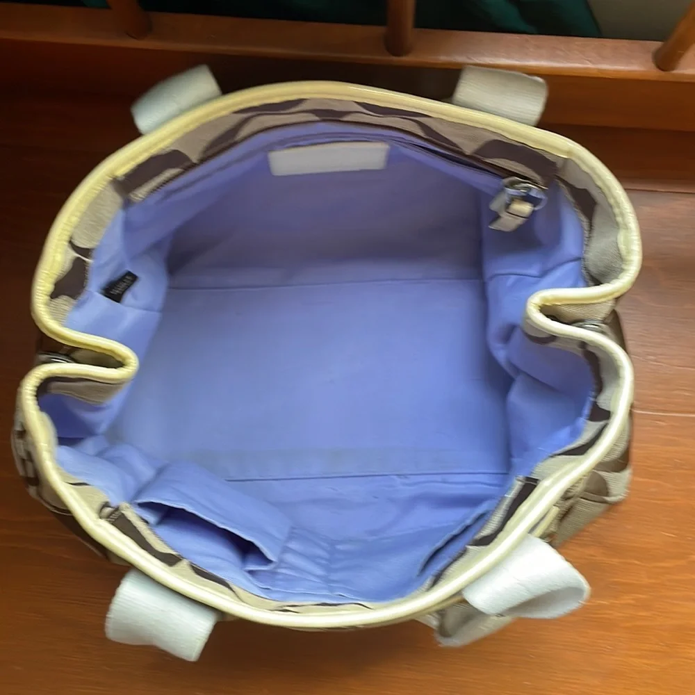 Taupe/tan Coach logo purse, violet lining, white straps - Picture 10 of 12